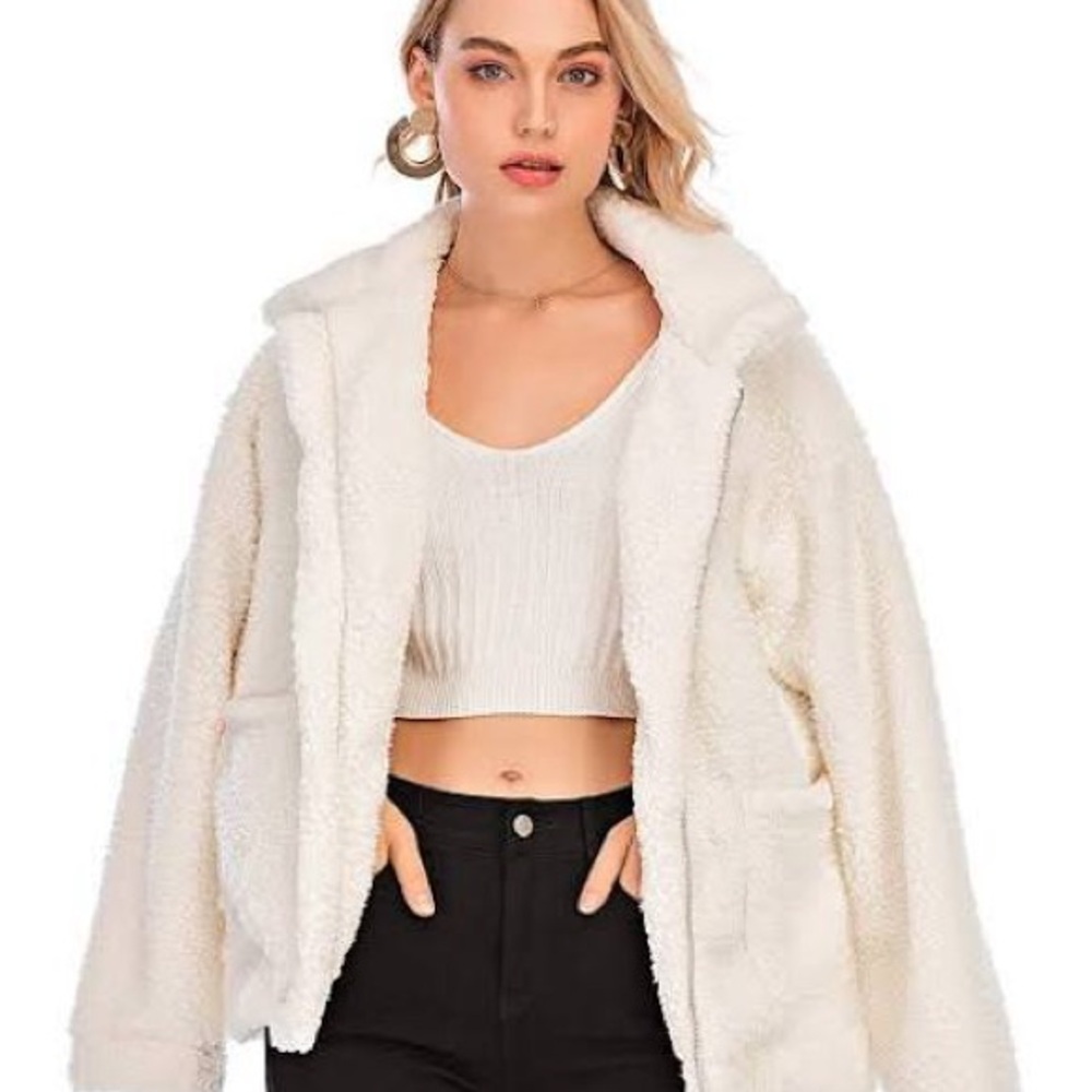 Comeon Women's Oversized Jacket Size XL Faux Shearling Fleece White Full-Zip